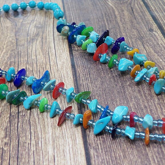 Turquoise Heart Stone Necklace with Multi Color Stones and stone beaded tassel. - Picture 7 of 8